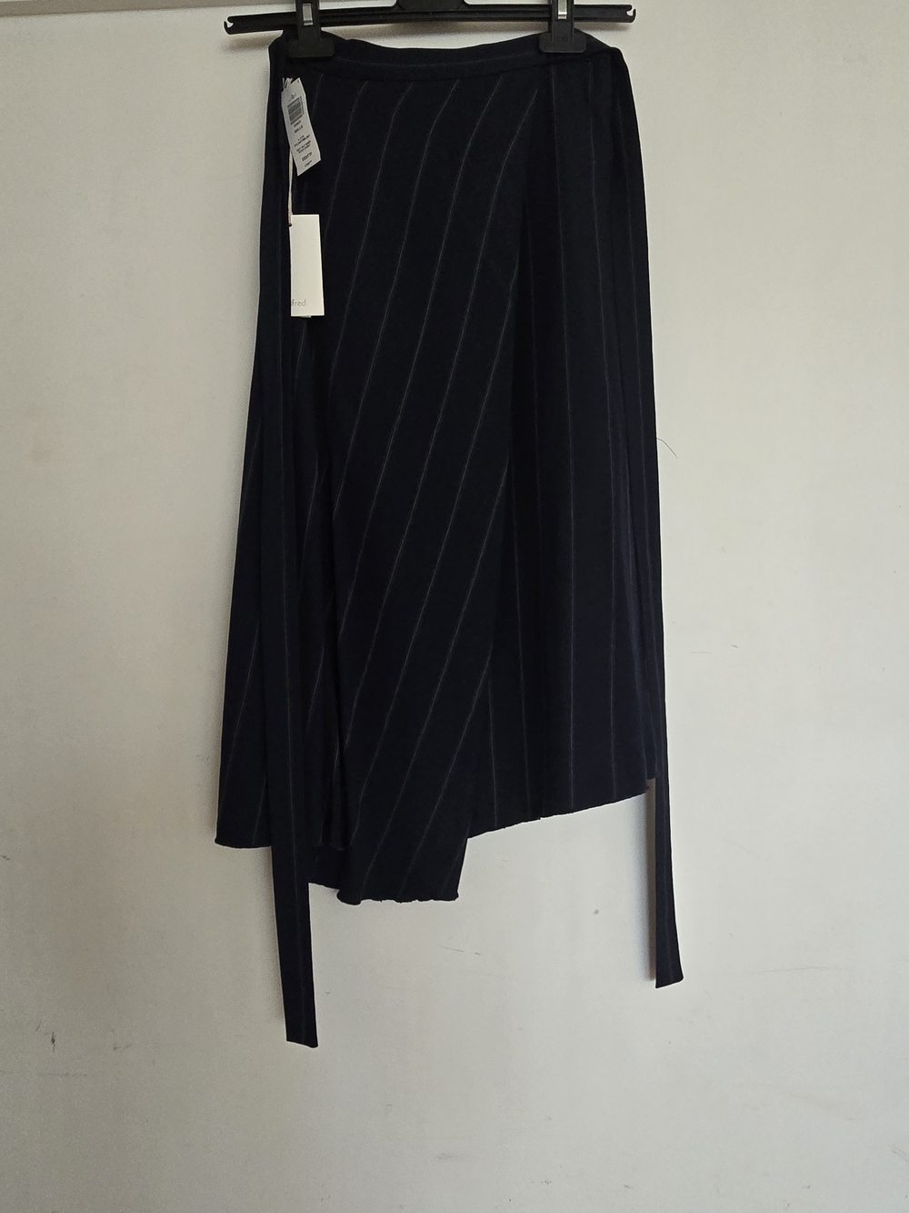 Aritzia Navy Asymmetric Wrap Skirt with Subtle Pinstripes
